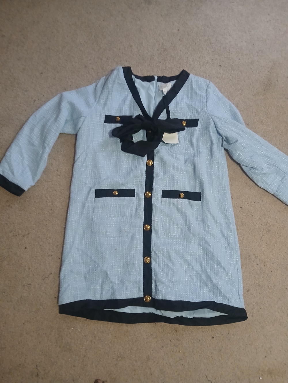 Pomander Light Blue Tweed Dress Coat with Black Trim and Gold Buttons Nwt Xxl